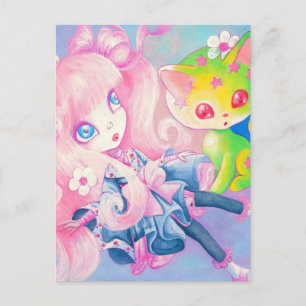 Carte Postale Fille japonaise Wamono avec un chaton kawaii