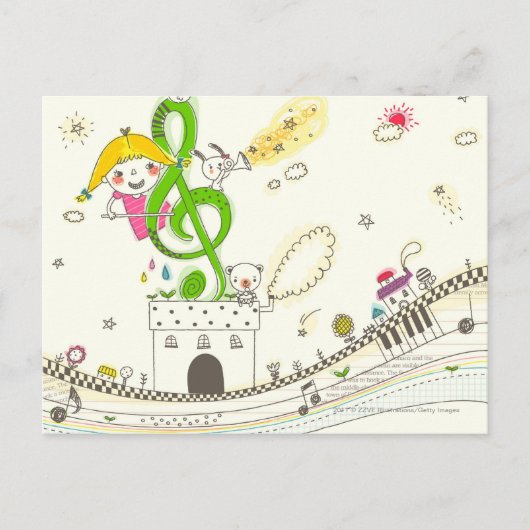 Carte Postale Fille jouant avec des notes musicales sur la maiso (Devant)