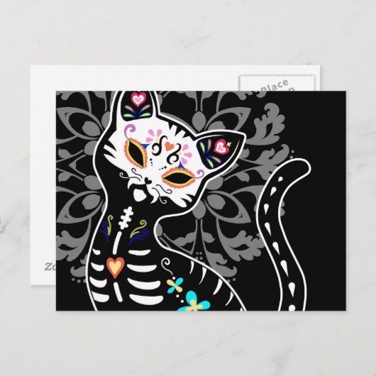 Carte Postale Fille Jour des morts mignon chat coutume noir (Devant / Derrière)