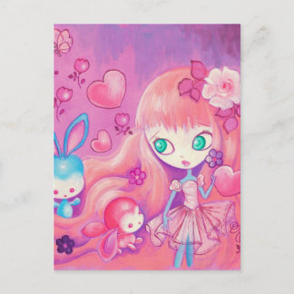 Carte Postale Fille Kawaii avec de mignons lapins