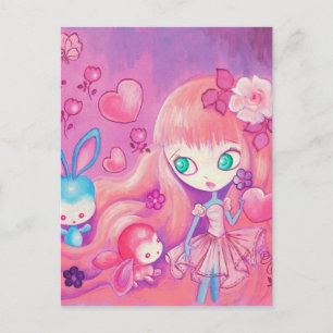 Carte Postale Fille Kawaii Avec Des Lapins Mignons