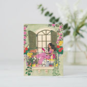 Carte Postale Fille lisant sur un balcon estival avec des chats (Debout devant)