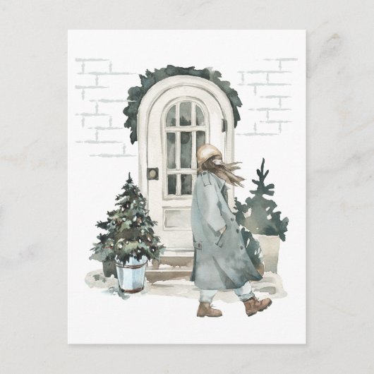 Carte Postale Fille marchant dans la rue en hiver (Devant)