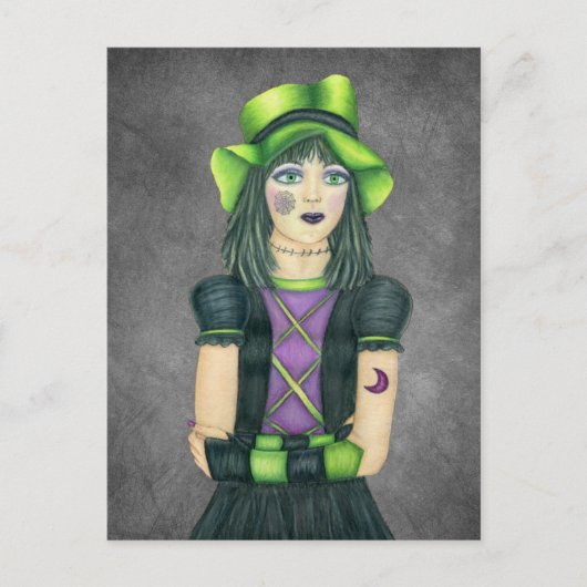 Carte Postale Fille Monstre Gothique Chapeau Vert Tatouages sur (Devant)