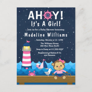 Carte Postale Fille nautique singe rose et marine Baby Shower