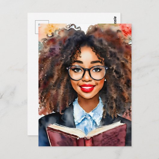 Carte Postale Fille noire en lunettes avec livre Nerdy (Devant / Derrière)