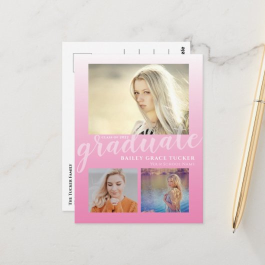 Carte Postale Fille Ombre rose moderne Parti d'obtention du dipl (Devant/Arrière en situation)