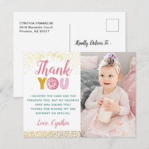 Carte Postale Fille Pailletée Or Donut Anniversaire Photo Merci