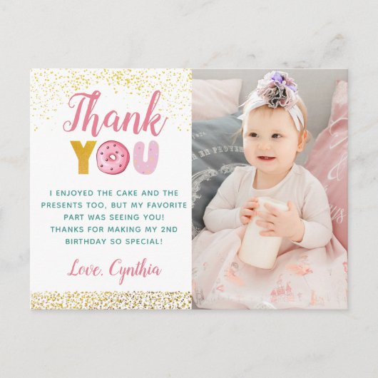 Carte Postale Fille Pailletée Or Donut Anniversaire Photo Merci (Devant)