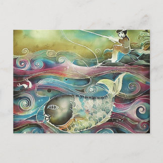 Carte Postale Fille pêchant la nuit