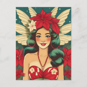 Carte Postale Fille pin-up de Noël tropical rétro des années 50