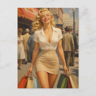 Carte Postale Fille Pin-Up des Années 1950 Faisant des Courses e