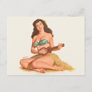 Carte Postale Fille pin-up d'Hawaii joue une petite guitare, pei