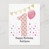 Carte Postale Fille pour le 1er anniversaire rose (Devant)