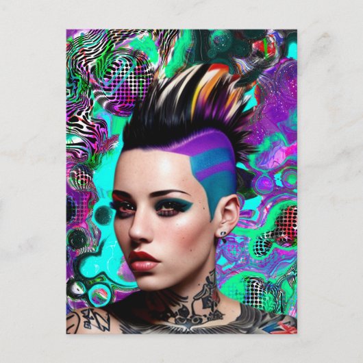 Carte Postale Fille punk Mohawk Art abstrait (Devant)