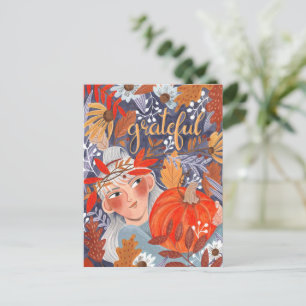 Carte Postale Fille reconnaissante aux feuilles d'automne de Tha