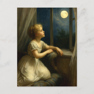 Carte Postale Fille regardant une pleine lune à travers la fenêt