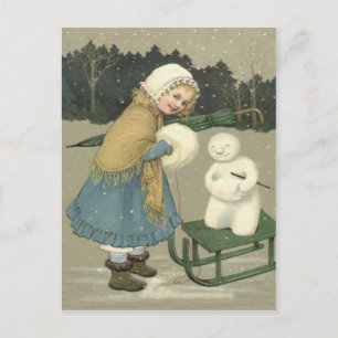 Carte Postale Fille souriante Bonhomme de neige Traîneau Neige B