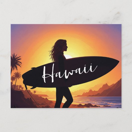 Carte Postale Fille surfeuse d'Hawaï sur la plage (Devant)