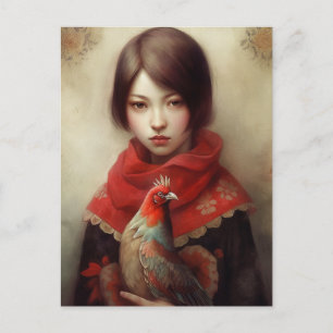 Carte Postale Fille tenant son poulet de compagnie - Art IA