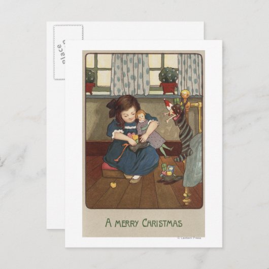 Carte Postale Fille vérifiant ses chaussures pleines de bonbons (Devant / Derrière)