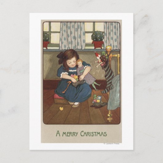 Carte Postale Fille vérifiant ses chaussures pleines de bonbons (Devant)