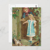 Carte Postale Fille vintage avec mère nourrir poulets (Devant / Derrière)