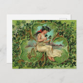 Carte Postale Fille vintage avec trèfles (Devant / Derrière)