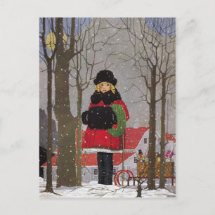 Carte Postale Fille vintage d'hiver dans la neige de Noël
