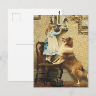 Carte Postale Fille Vintage et Art de Chien Sheltie Lieu Secret
