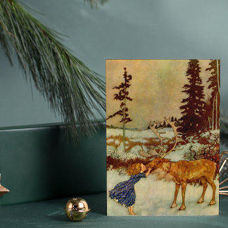 Carte Postale Fille vintage et renne enchantés en hiver