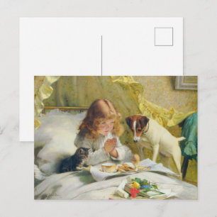Carte Postale Fille Vintage priant avec l'art de chat et de chie