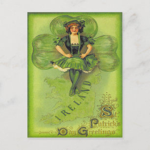 Carte Postale Fille Vintage Trèfle Irlande Saint-Patrick Voiture