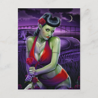 Carte Postale fille zombie amour avec voiture vintage rose