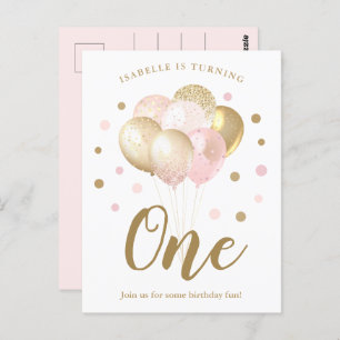 Carte Postale Filles 1er Anniversaire Pink Gold Parties scintill