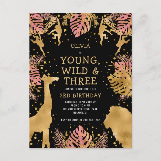 Carte Postale Filles 3e anniversaire fête rose or noir Safari (Devant)