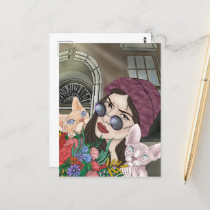 Carte Postale Filles avec chats Imprimer, Papier d'affiche de va