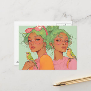 Carte Postale Filles Fantaisistes Avec Oiseaux