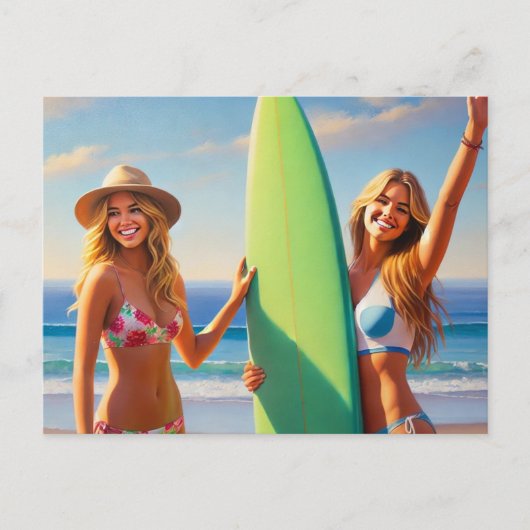 Carte Postale Filles surfeuses avec une planche de surf (Devant)