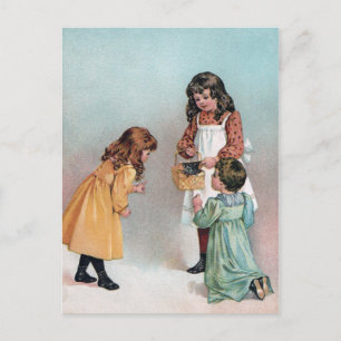 Carte Postale Filles victoriennes avec chaton dans le panier