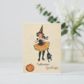 Carte Postale Fillette en costume de sorcière d'Halloween, chat (Debout devant)