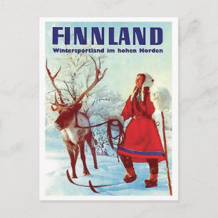 Carte Postale Finlande neige, femme en ski avec cerf, vintage