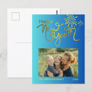 Carte Postale Fireworks Gold Joyeux Nouvel An Photo Blue Gradien