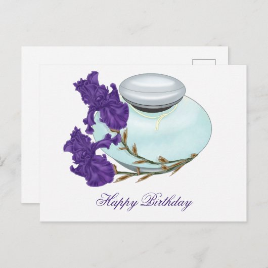 Carte Postale Flacon de parfum avec fleurs d'iris Joyeux Anniver (Devant / Derrière)