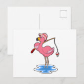 Carte Postale Flamant rose à la pêche avec canne à pêche (Devant / Derrière)