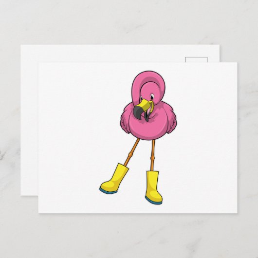 Carte Postale Flamant rose à la pluie avec bottes en caoutchouc (Devant / Derrière)