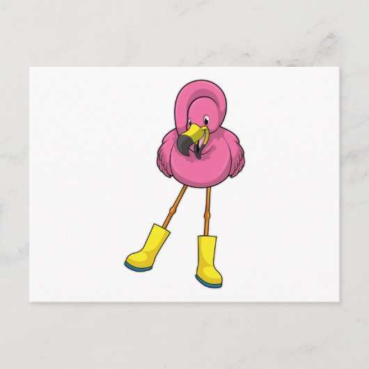 Carte Postale Flamant rose à la pluie avec bottes en caoutchouc (Devant)