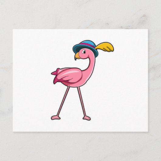 Carte Postale Flamant rose avec Casquette & Plume (Devant)