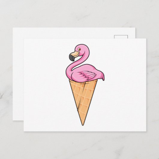 Carte Postale Flamant rose avec gaufre de glace (Devant / Derrière)