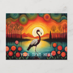 Carte Postale Flamant rose Bird Lake Sunset Floral coloré